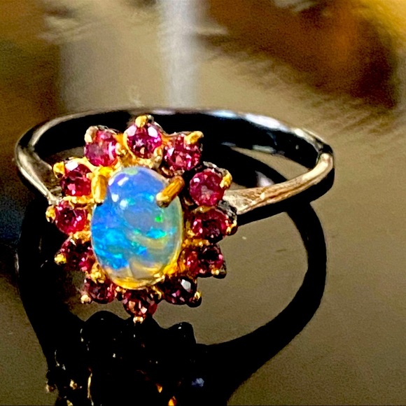 Amazing Genuine Ethiopian Opal 14k and Rhodolite Garnet Ring - Picture 2 of 5
